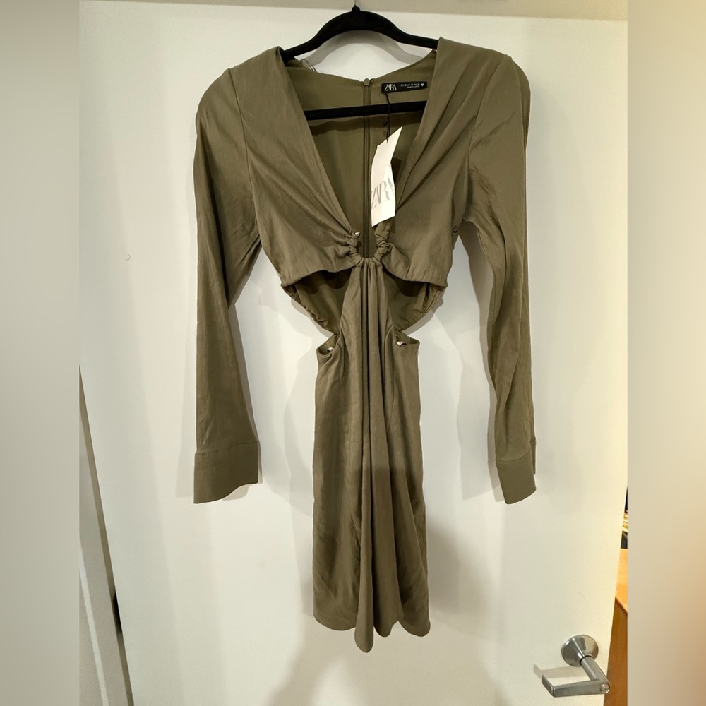 Zara Khaki Long Sleeve Cut-Out Dress